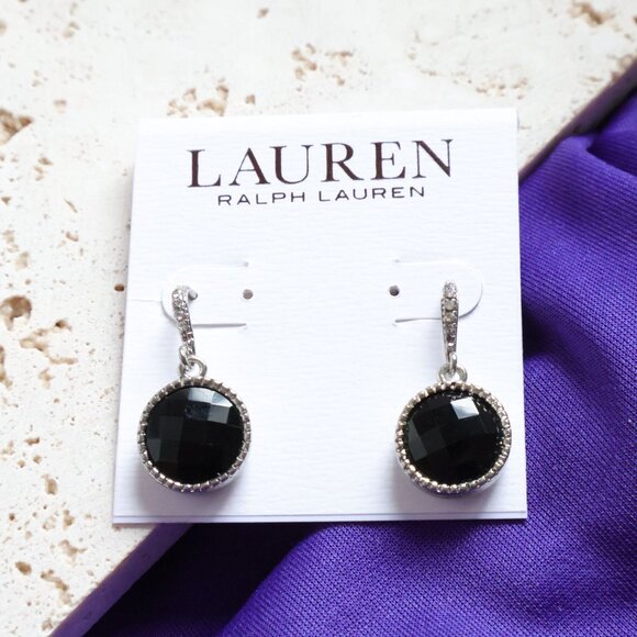 Lauren Ralph Lauren Black Faceted Drop Earrings Silver Tone Elegant Classic - Picture 1 of 2